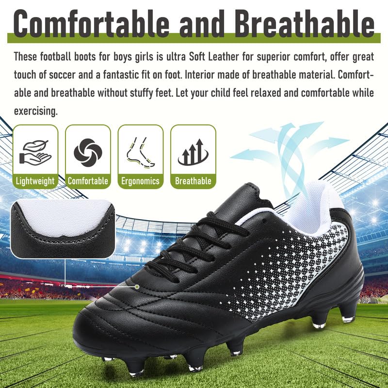 Kids Soccer Shoes Lightweight Football Cleats for Boys & Girls - 13 Little Kid Black White