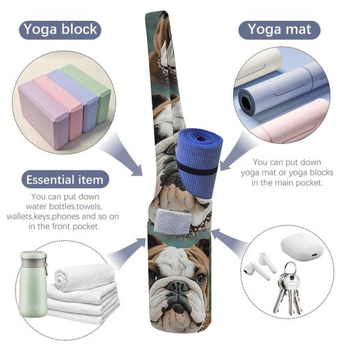 NWTRJ Funny English Bulldog Yoga Mat Bag Long Tote Yoga Bag with Large Side Pocket Yoga Mat Carrier Fit Most Size Mats