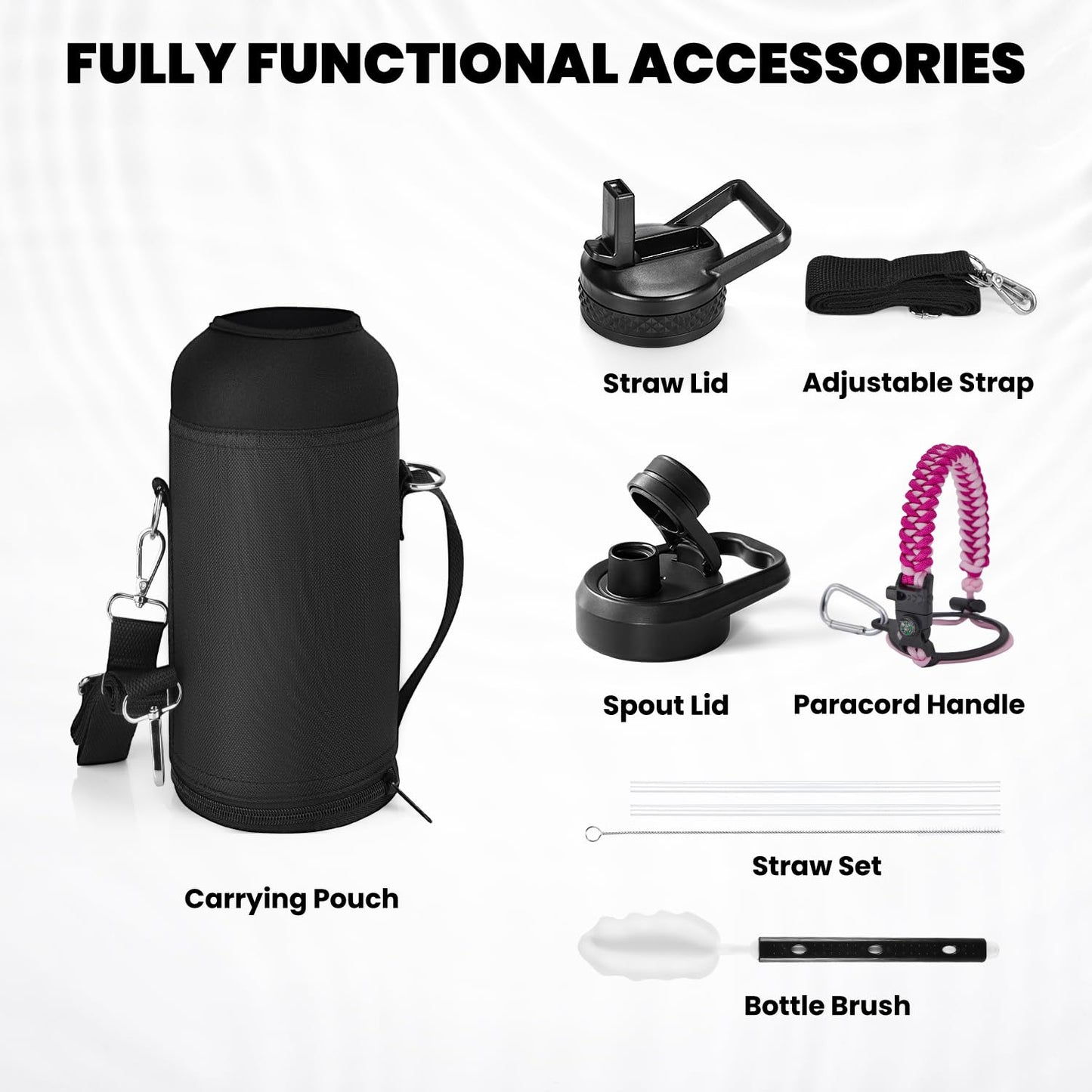 RAYMYLO Insulated Water Bottle 32 oz, Triple Wall Vacuum Stainless Steel (Cold for 24Hrs, Hot for 12Hrs), Leak Proof & Non-BPA, Modern Water Flask Jug with Paracord Handle & Straw Spout Lids