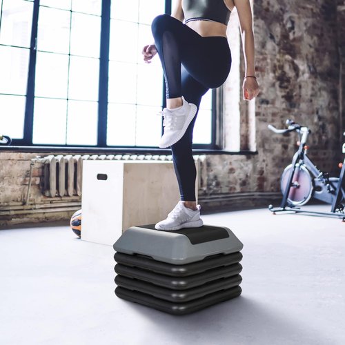 F2C Aerobic Step Exercise Platform Stepper with 4 Risers 16" x 16", Adjustable Height 4"-6''-8''-10''-12" Home Gym Workout Equipment, Fitness Exercise Equipment, Workout Stair Stepper (Black)