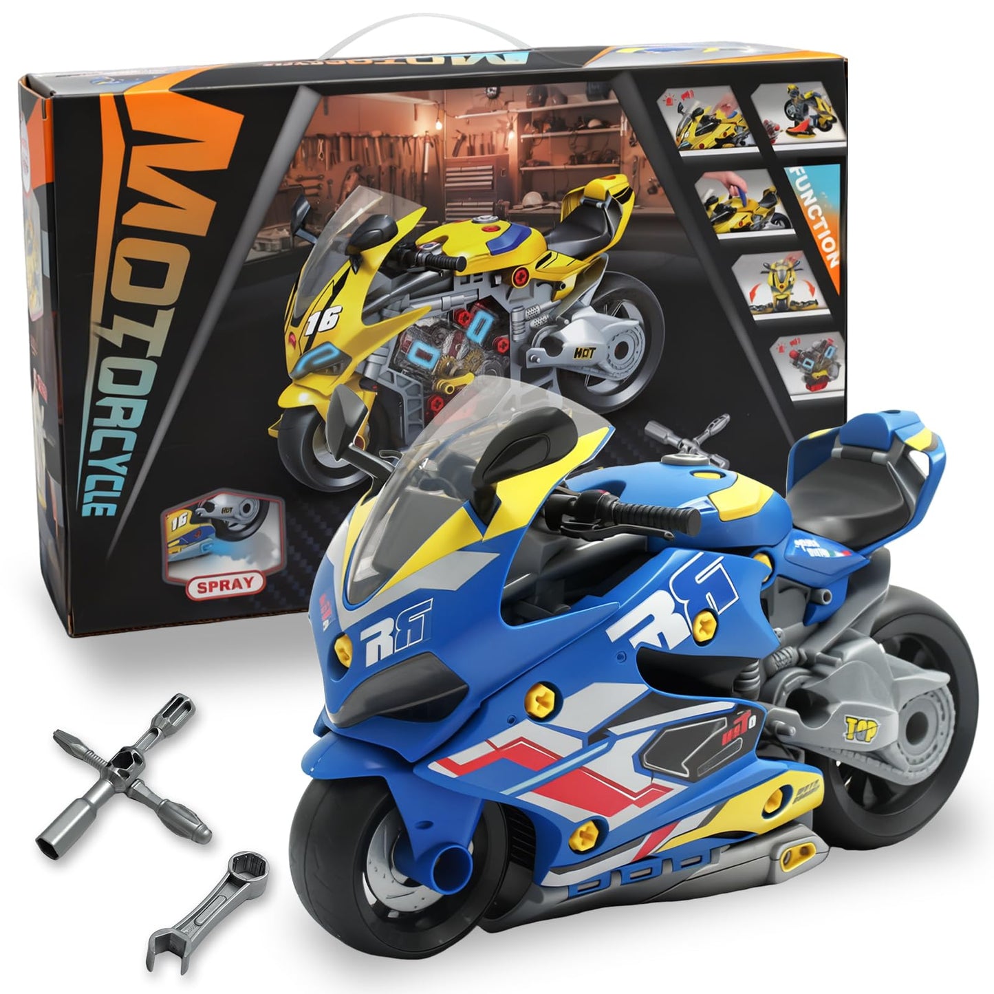 Poakkus Take Apart Motorcycle Toys Kit, Motorcycle Model Toys for Kids Mechanic,Motorcycles Toy with Light, Sound & Spray for Toddlers 3+ Kids,Interactive Toy Engine Building Kit, Blue