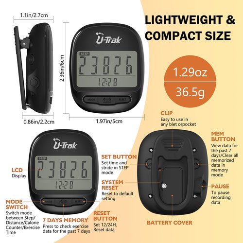 Pedometer for Walking Simple Step Counter Accurate Step Tracker Pedometer Clip On with 7 Days Memory Distance Miles/Km, Calorie Counter, Clo (Black)
