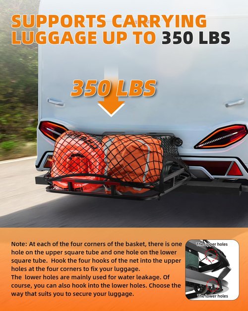 RV Bumper Mounted Cargo Rack Carrier 32"×26"×4" with Net, 350 Lbs Capacity Fits 4" to 5" Bumper Cargo Carrier Heavy Duty Luggage Basket Hitch for RV Camping Traveling, Black