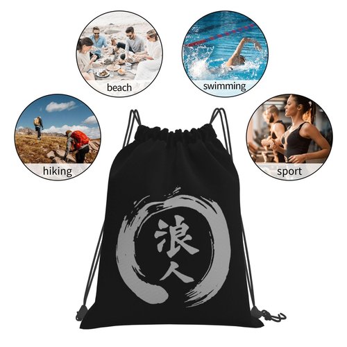 SQMGEHVNY Japanese Kanji Character Ronin Drawstring Bags, Lightweight Gym Sack with Adjustable Cord, Water-Resistant Sports Backpack for Men Women, Travel, Yoga, College (Black)