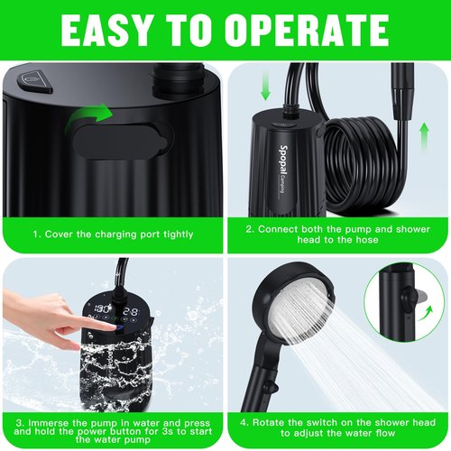 Spopal Portable Camping Shower - 10000mAh Rechargeable, 5-Speed, IPX8 Waterproof, LED Display Camp Shower Pump- Perfect for Hiking, Travel, Cars & Pets (Black)