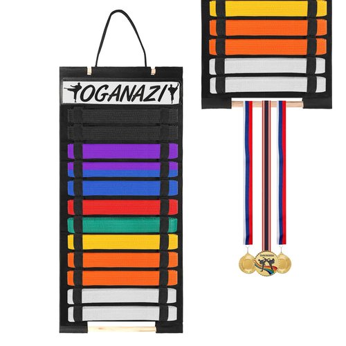 OGANAZI 12 Belts Karate Belt Display Rack with Personalized Stickers, Taekwondo Belt Display Holder with Bamboo Medal Rack, Felt Jiu Jitsu Belt Hanging Holder for Taekwondo, Karate, BJJ Learners