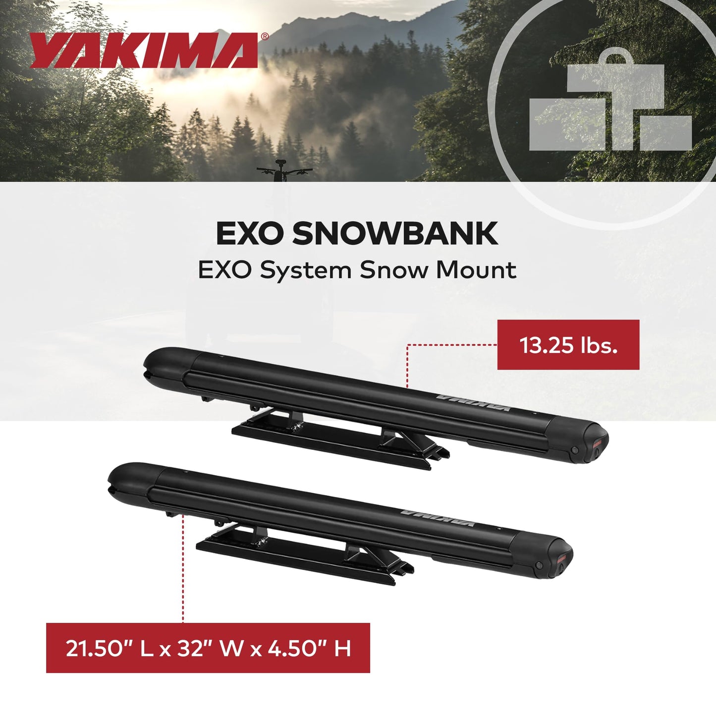 Yakima EXO SnowBank 5 Ski or 4 Snowboard Universal Car Mount Travel Roof Rack with Double Joint Hinge, SKS Lock, and 1 Button Access, Black