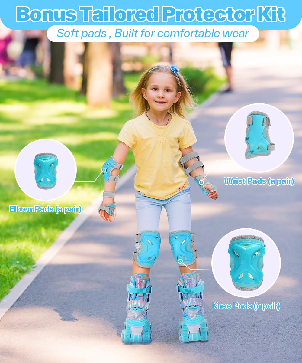 Sportneer Adjustable Kids Roller Skates with Light Up Wheels, 4 Sizes Fit for Girls Boys Ages 5–12, Fun Outdoor Indoor Quad Skates for Beginners, Safe Gift Set with Protective Gear Included