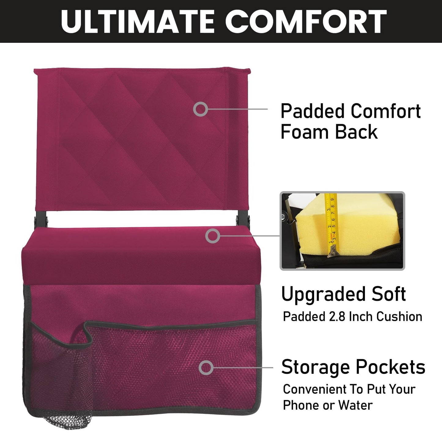 Sheenive Stadium Seats for Bleachers with Back Support, Bleacher Seats with Backs and Cushion Wide, Padded Portable Folding Comfort Stadium Chair with Shoulder Strap, Perfect for Sports Events, Maroon