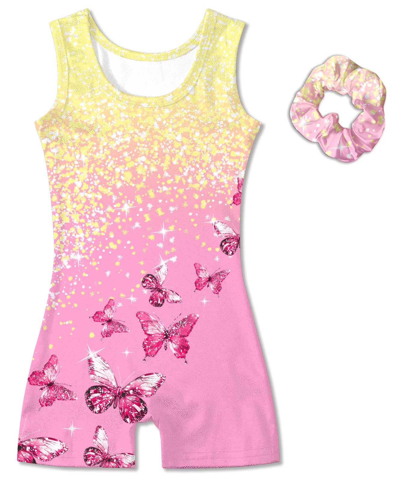 Vogseek 4-5T Girls Gymnastics Leotards with Hair Scrunchie Sparkle Dance Unitards Pink Butterfly's Active Biketards with Shorts for Kid Cute Tumbling Dance Outfit, Pink