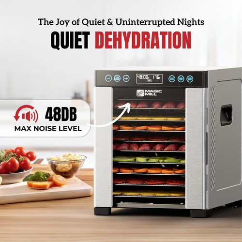 Magic Mill Pro Food Dehydrator Machine | 10 Stainless Steel Trays | Dryer for Jerky, Dog Treats, Herb, Meat, Beef, Fruit | Keep Warm Function, Digital Timer and Temperature Control, ETL Approved (Renewed)