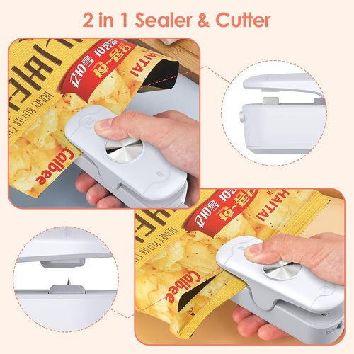 OEOP Bag Sealer, 2 in 1 Mini Bag Sealer Heat Seal and Cutter, Portable Chip Bag Sealer Heat Sealer Bag Resealer for Snacks Candies Plastic Bag Food Storage (Batteries Included)