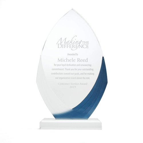 Baudville Awards 9" Peaked Ellipse Shaped Blue & White Acrylic Engraved Trophy - for Employees - Personalized Engraving