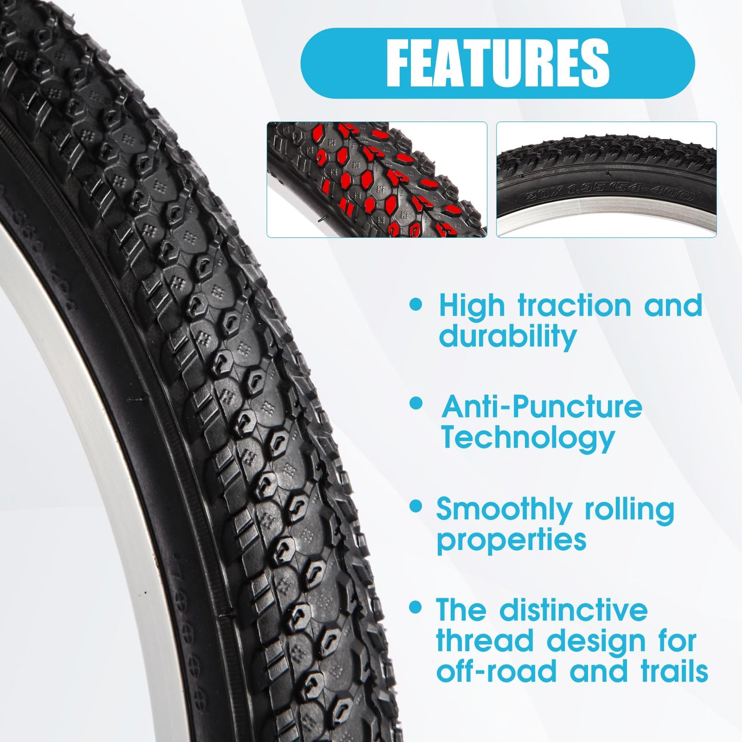 2 Pack 20" x 1.95" Mountain Bike Tire Set, 20 inch Folding Replacement Puncture-Resistant Bicycle Tires with 20 x 1.75-2.125 inch Bike Inner Tubes and Repair Tool Kit for Mountain Bike, Off-Road Bike