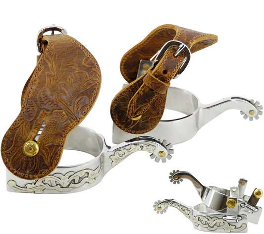 Jeereal Men's Western Stainless Steel Cowboy Spurs with Spur Straps, Engraved German Silver Trims,Iron 1" Band 2-1/4" Shank