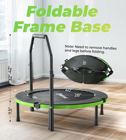 BCAN 40" Foldable Mini Trampoline, Rebounder Trampoline for Adults, Adjustable Foam Handle, Exercise Rebounder for Adults Indoor/Garden Workout, Max Load 330lbs, Green