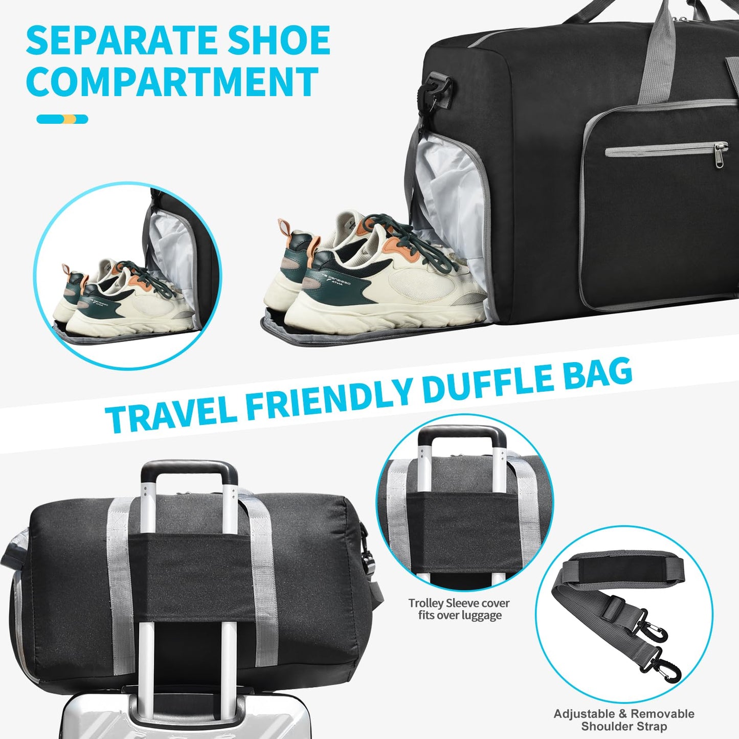 Felipe Varela Duffle Bag with Shoes Compartment and Adjustable Strap,Foldable Travel Duffel Bags for Men Women,Waterproof Duffel Bags