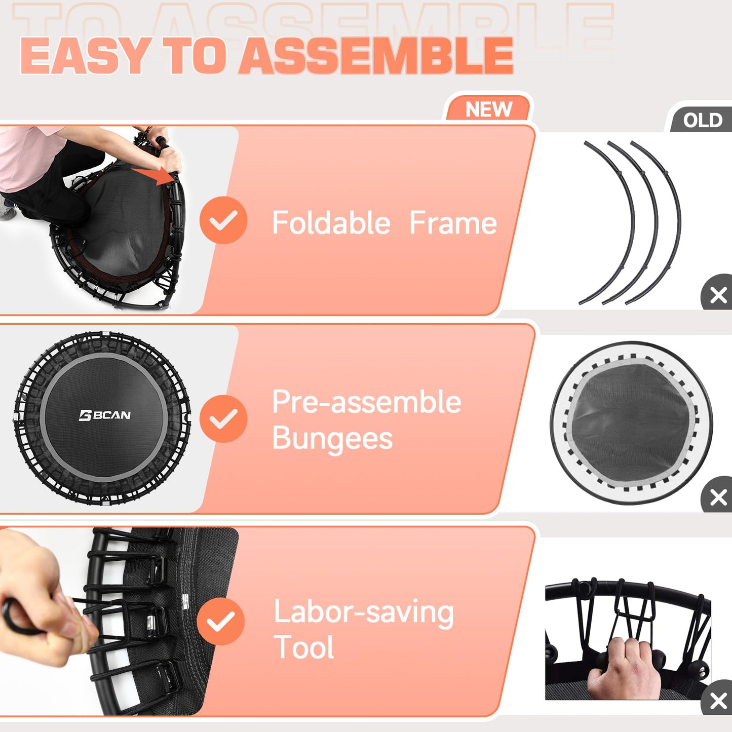 BCAN Mini Trampoline for Adults, Fitness Trampoline with Durable Bungees, Exercise Rebounder,Great Mini Trampoline for Indoor Grey