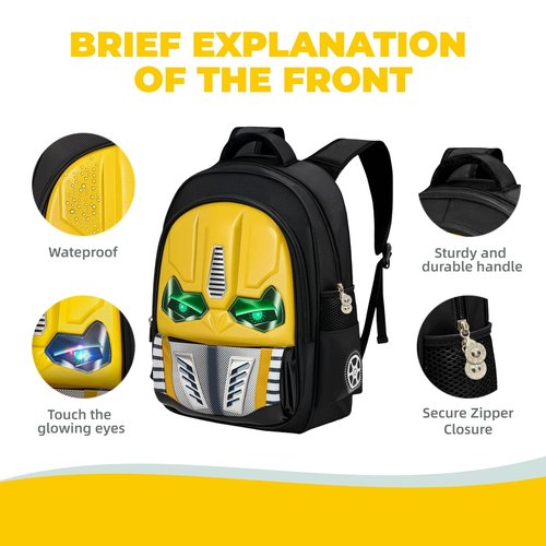 Kids Backpack with Glowing Eyes & 3D Cartoon Panels for Boys Ages 4-12 - Interactive School Bag, Durable Design for Kindergarten, Day Trips and Back to School Gifts (Large size yellow)