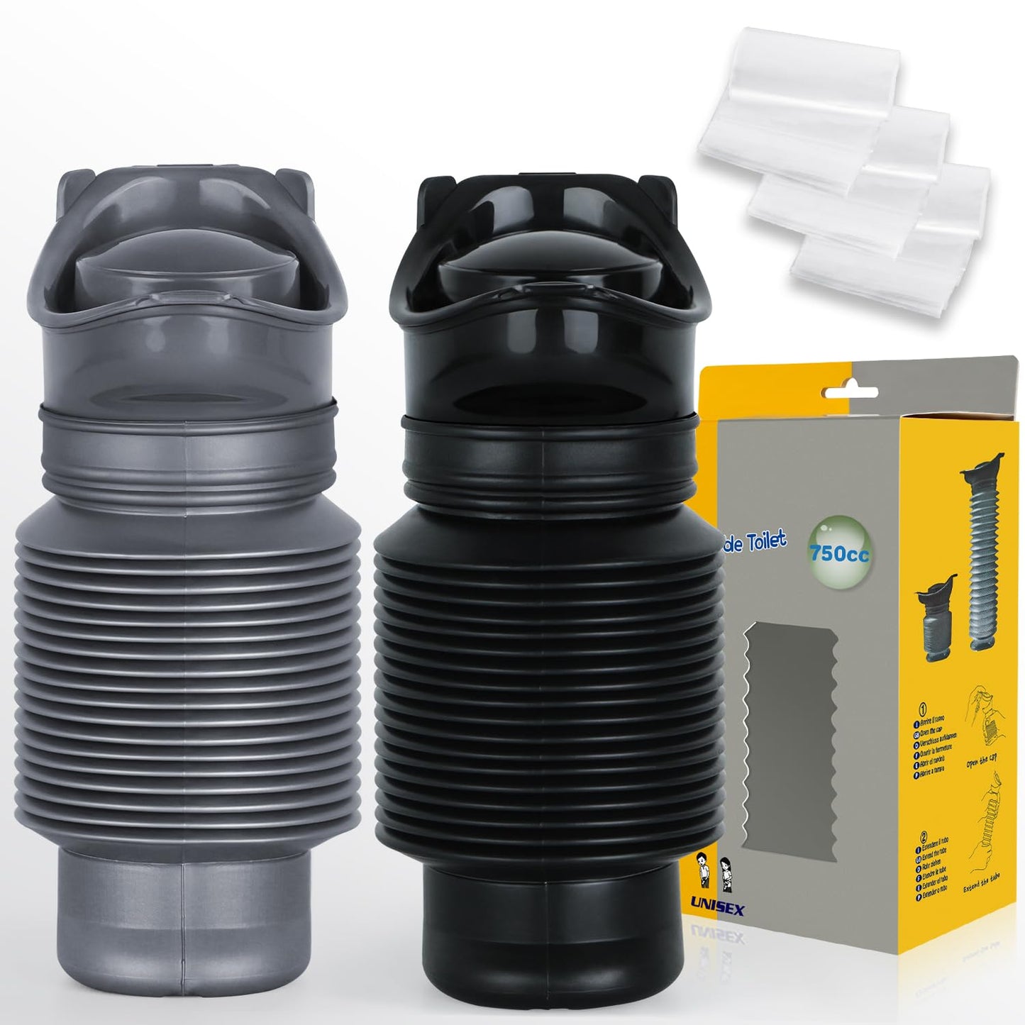 Pee Bottles For Men,Adjustable Urine Bottle With Disposable Replacement Bags,Car Pee Bottle For Men And Women,750ml,Leakproof,2-Piece Set Emergency Urinal For Road Trips,Traffic Jams And Camping