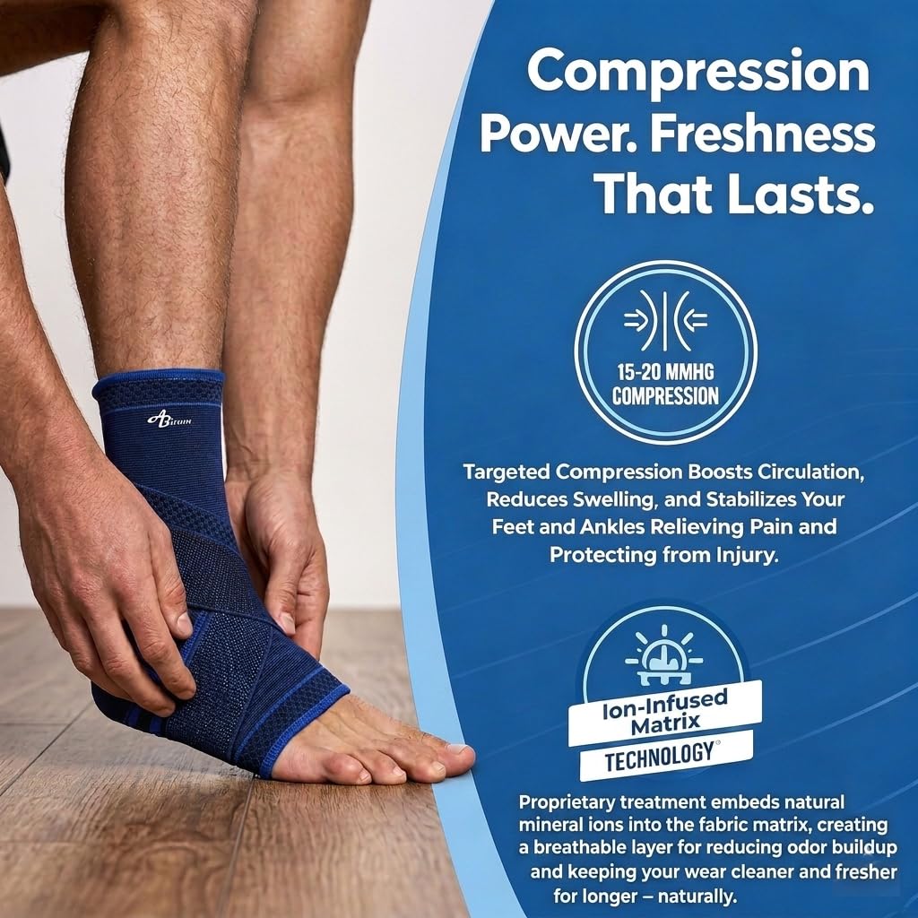 ABIRAM Ankle Brace for Men & Women - Adjustable Compression Sleeve with Wrap, Stability Support & Relief for Sprained Ankle, Plantar Fasciitis & Achilles Tendonitis - Breathable Running & Sports Gear