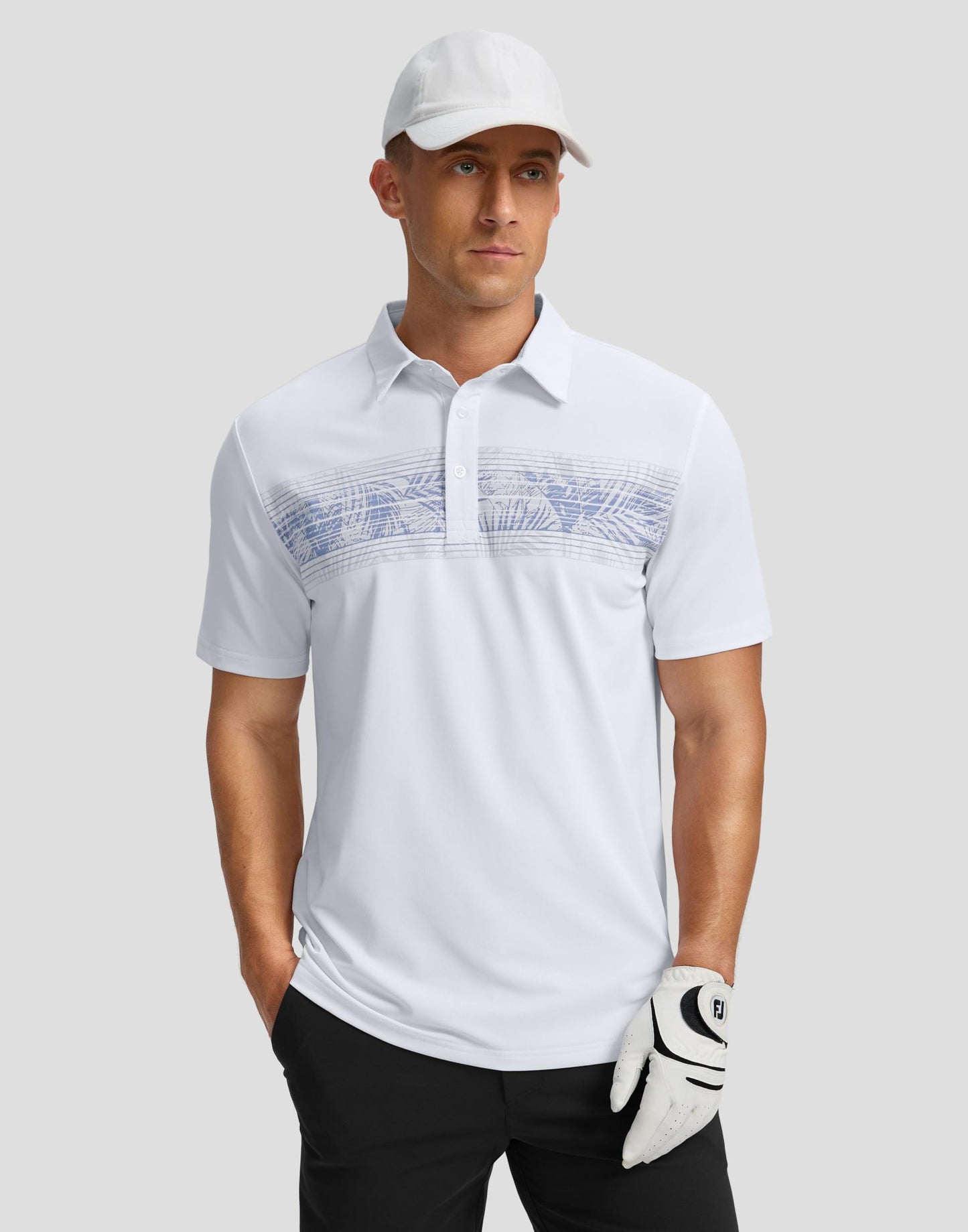 Men's Golf Shirts Dry Fit Moisture Wicking Performance Short Sleeve Collared Polo Shirts for Casual Tennis Bussiness (White Leaves, XXXL)