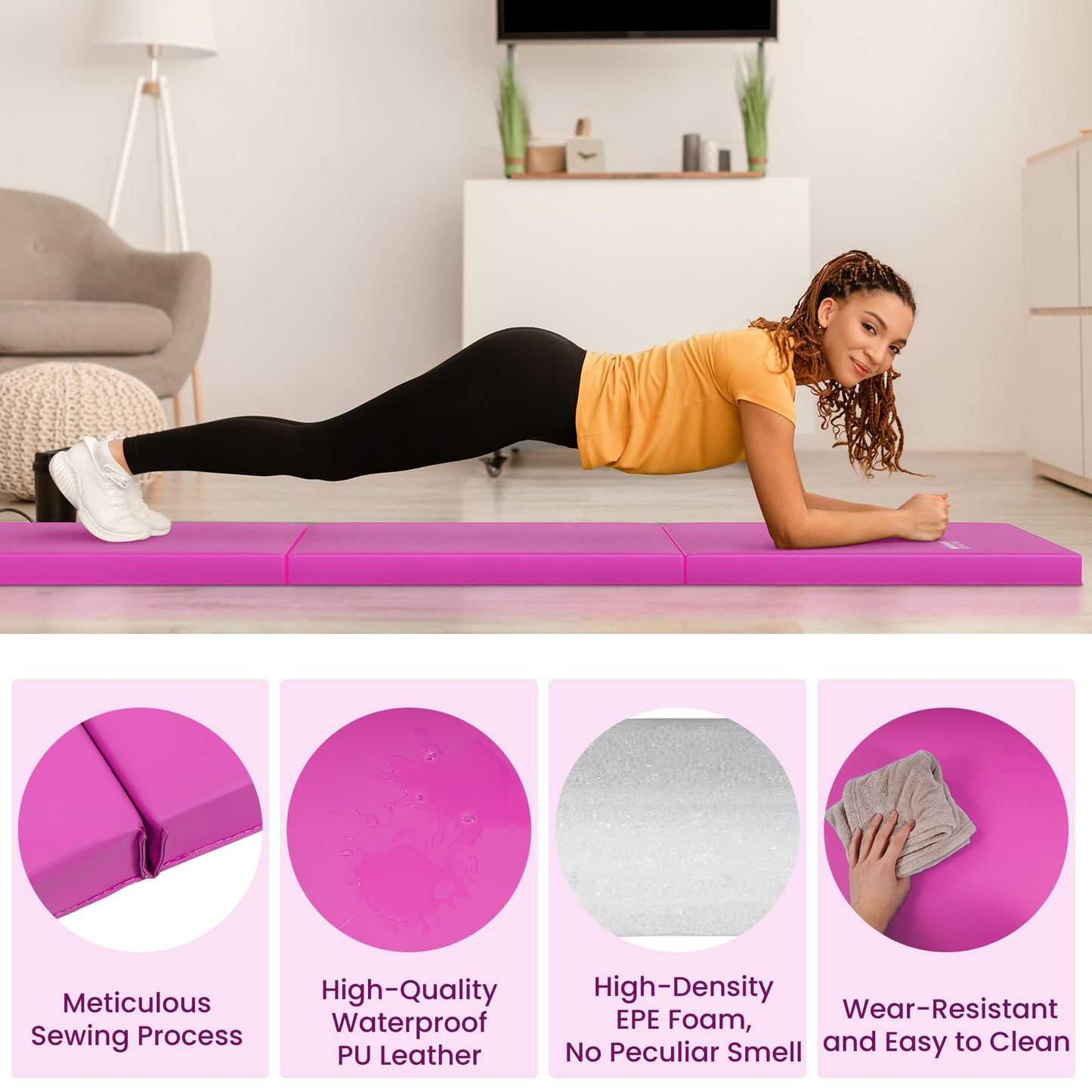 Fitvids Folding Exercise Gymnastics Mat for Tumbling, 2'x6'x2" Gym Workout Mat with Carrying Handles High-Density Anti-Tear Portable Fitness Aerobics Mats for Home Gym Yoga Pilates MMA Core Training, Hot Pink