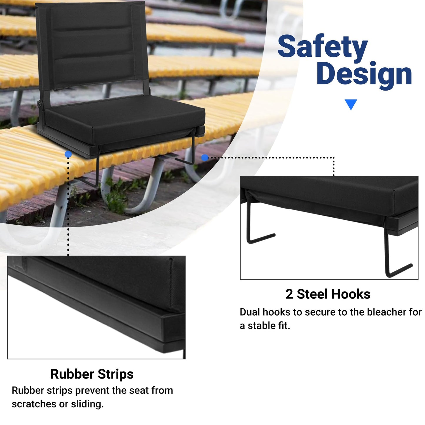 Maeytau Stadium Seats for Bleachers with Back Support, Portable Bleacher Seats with Thick Padded Cushion and Shoulder Strap, Wide Stadium Seat Chair Includes Hooks, Cup Holder and Side Pocket, 2-P