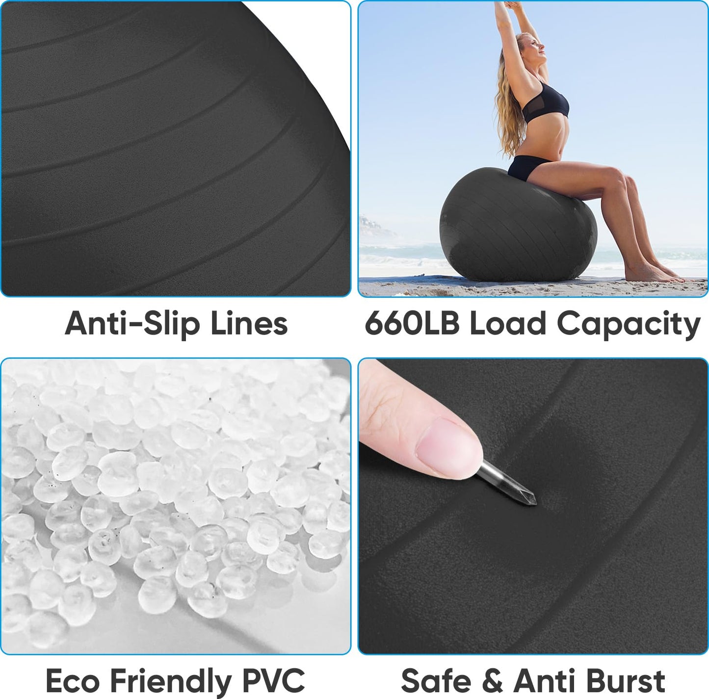 APEXUP Yoga Ball, 660 lbs Anti-Burst Exercise Ball with Pump, 5 Sizes (M (19"~22'') 55cm, Black)