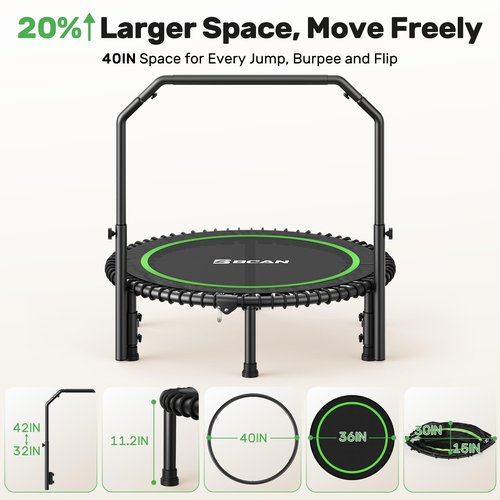 BCAN Adult Mini Trampoline, 40" Fitness Trampoline with Bungees, U Shape Adjustable Foam Handle, Stable & Quiet, Indoor Outdoor Workout-Green