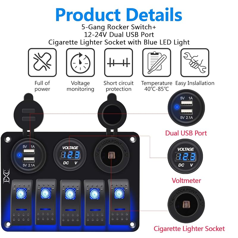 5-Gang Blue Aluminum Waterproof Marine Switch Panel with Dual USB 3.1A & Volt Meter