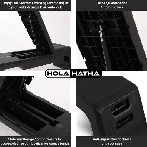 HolaHatha Multifunctional Home Exercise Workout Weight Bench, Adjustable Height, Backrest Positions, and Storage, Black