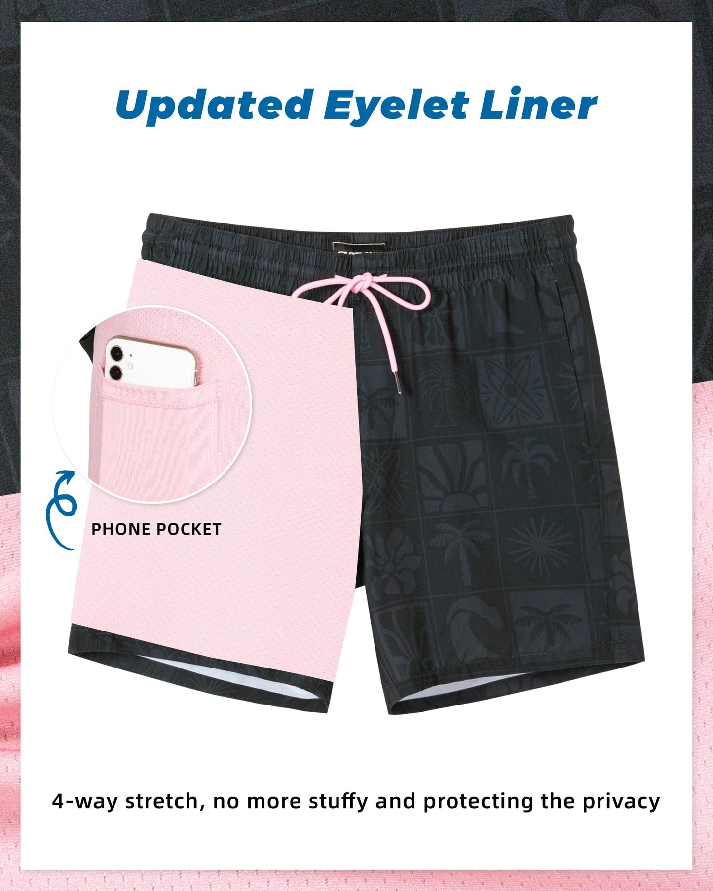 SURF CUZ Mens Swim Trunks with Compression Liner Quick Dry Swim Shorts 7" Swimming Trunks Stretch Bathing Suit 7 Inch,Black Pink,XS