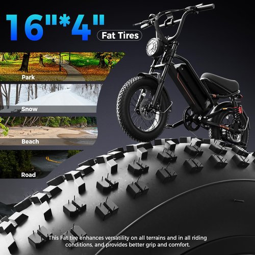 YOLOWAY Electric Bike for Adults, 1500W 28MPH Max 55 Miles Electric Motorcycle with 48V Removable Battery, 16'' Fat Tire Full Suspension, All-Terrain for Mountains, Snow, Sand, Road