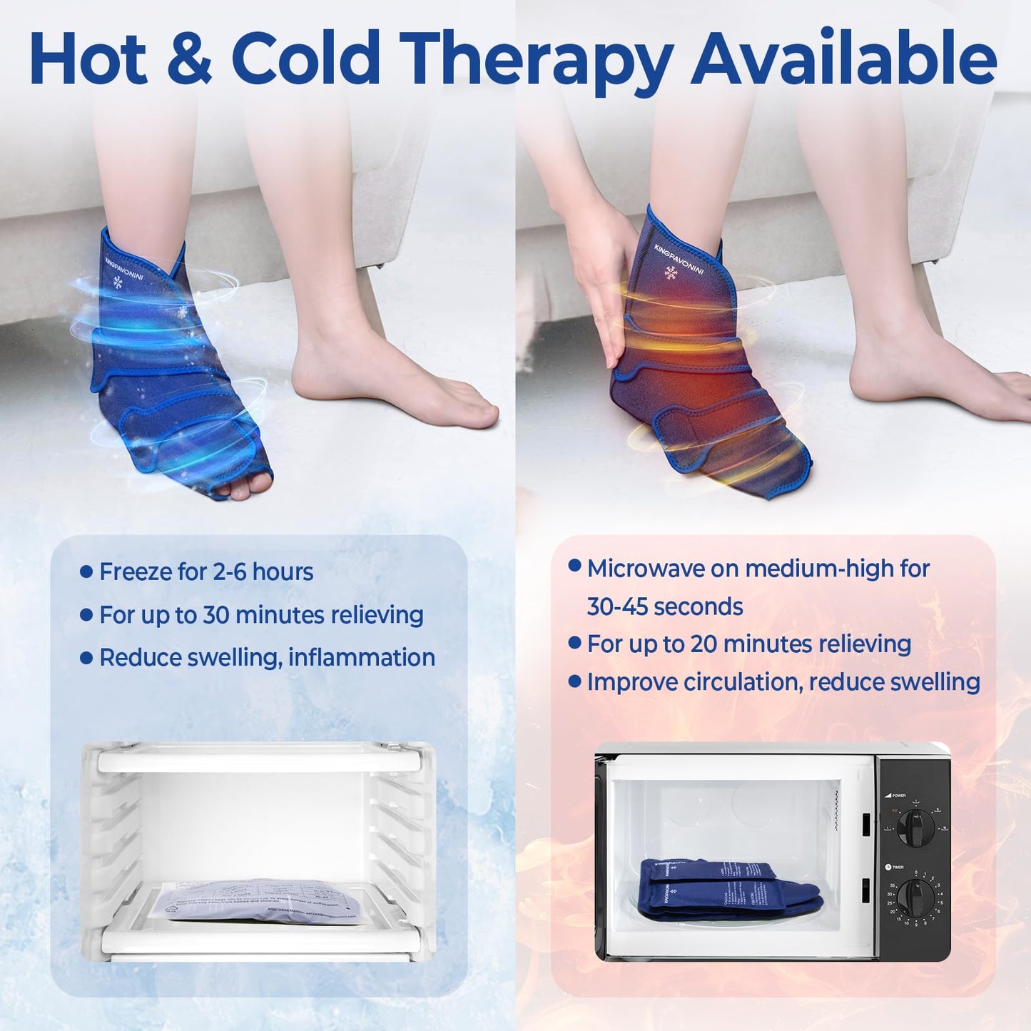 KingPavonini Ankle Foot Ice Pack Wrap for Sprained Ankle/Surgery Recovery, Reusable Gel Ice Packs for Feet Injuries, Plantar Fasciitis, Achilles Tendonitis, Hot/Cold Therapy, XL (1 Wrap+4 Gel Packs)