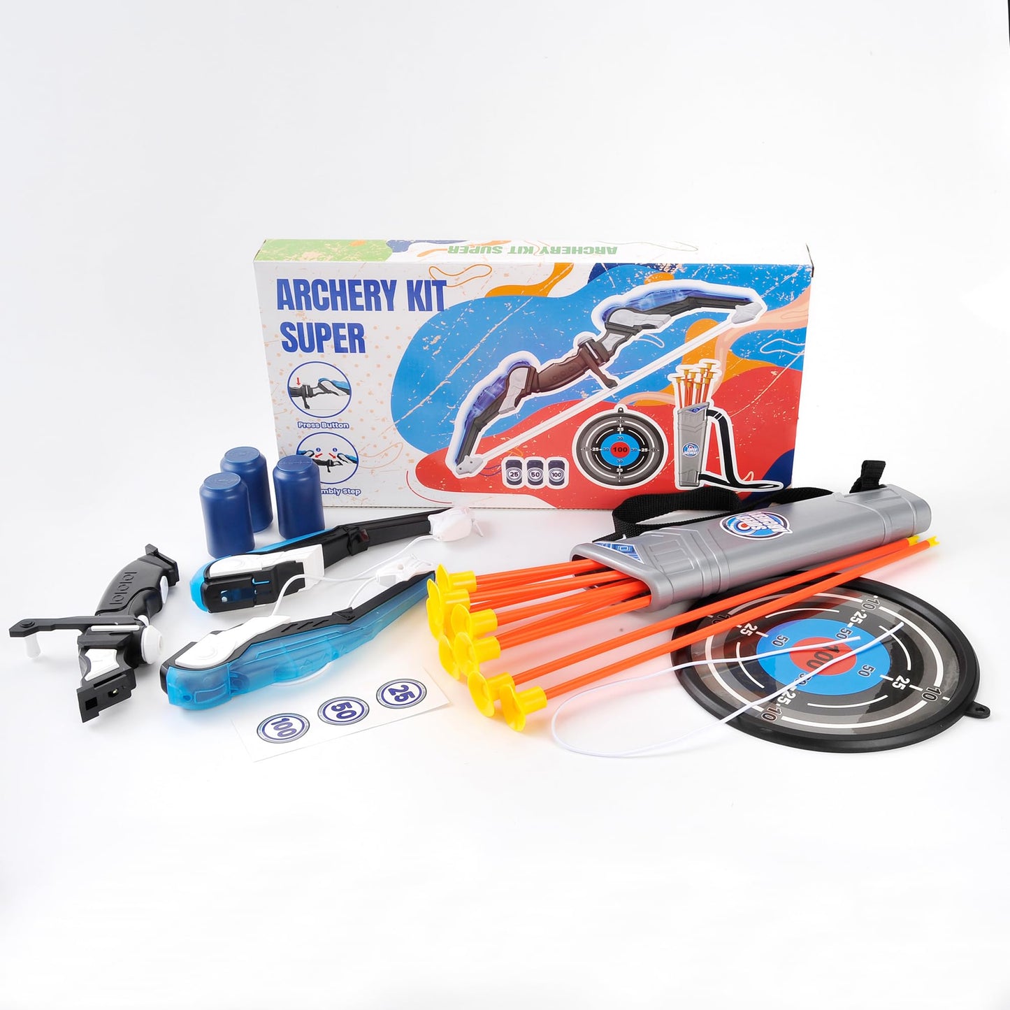 PowerTRC Kids Bow and Arrow Set, Bow and Arrow Set for Kids 8-12 – Kids Archery Set with Target Practice LED Light Up with 10 Suction Cup Arrows & Quiver Outdoor Play Toys (Blue)