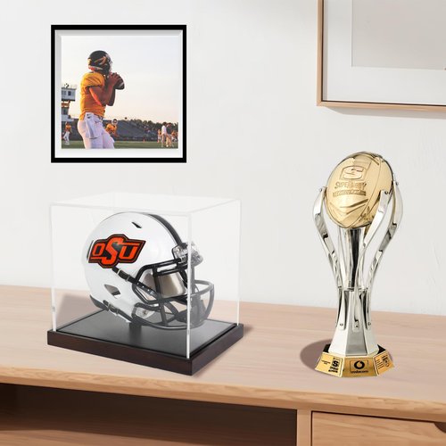 ZQYALPSID Mini Helmet Display Case, Acrylic Clear 1/2 Football Baseball Helmet Display Case, One Piece Collection Case with Wooden Base,Ideal Gift for Sports Fans and Enthusiasts (7×5.2×6 Inches)