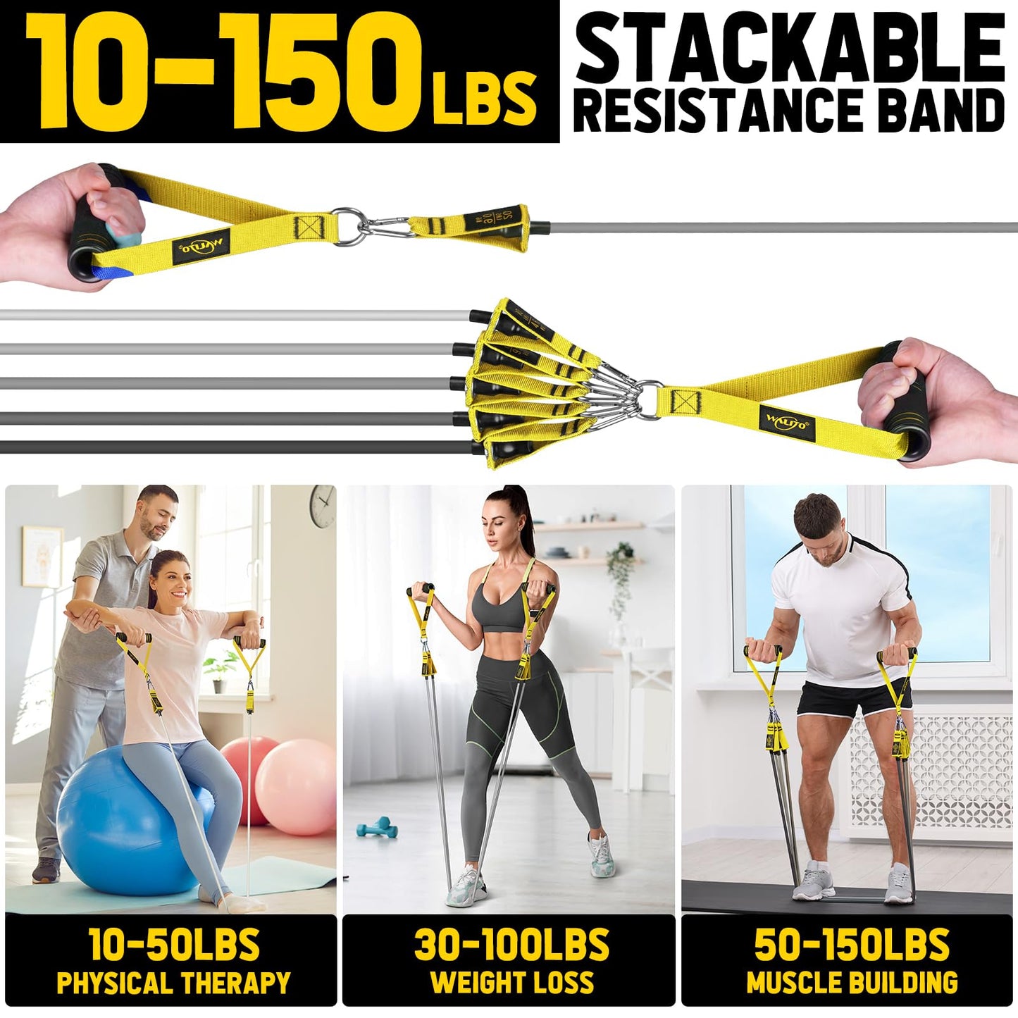 WALITO Resistance Bands Set - Exercise Bands with Handles, Door Anchor, Legs Ankle Straps, for Heavy Resistance Training, Physical Therapy, Muscle Training, Yoga, Home Workouts, Gym (Yellow 150Lbs)