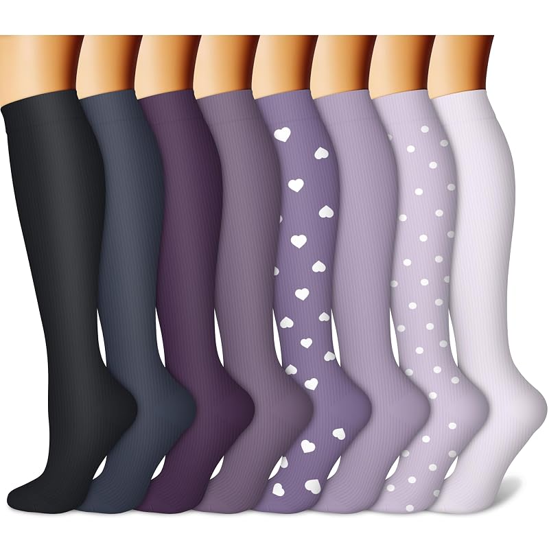 CHARMKING 8 Pairs Compression Socks 15-20 mmHg for Men & Women – Calf Support (Variation: 44 Black/Purple/Purple/Purple/Purple+Large-X-Large)