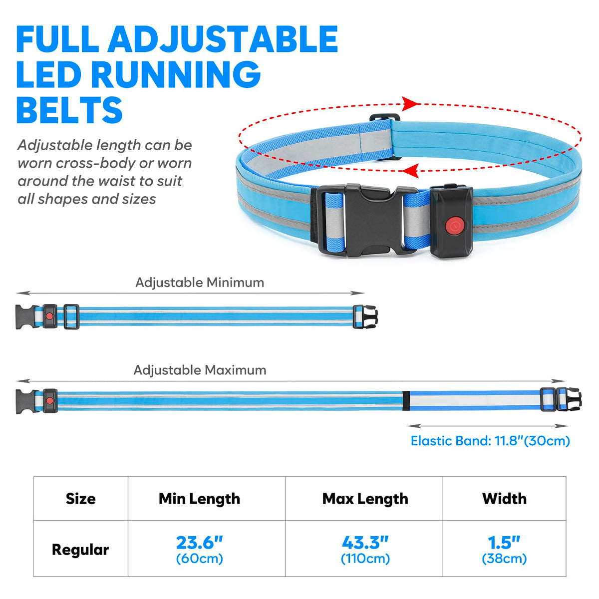 Illumifun LED Running Belt - USB Rechargeable Reflective LED Waistband, Wearable Waist Safety Light for Running, Cycling, Camping, Walking (Royal Blue)