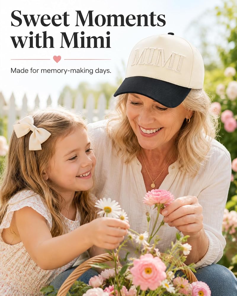 Mimi Gift Trucker Hat - Beige & Black Embroidered Adjustable Cap