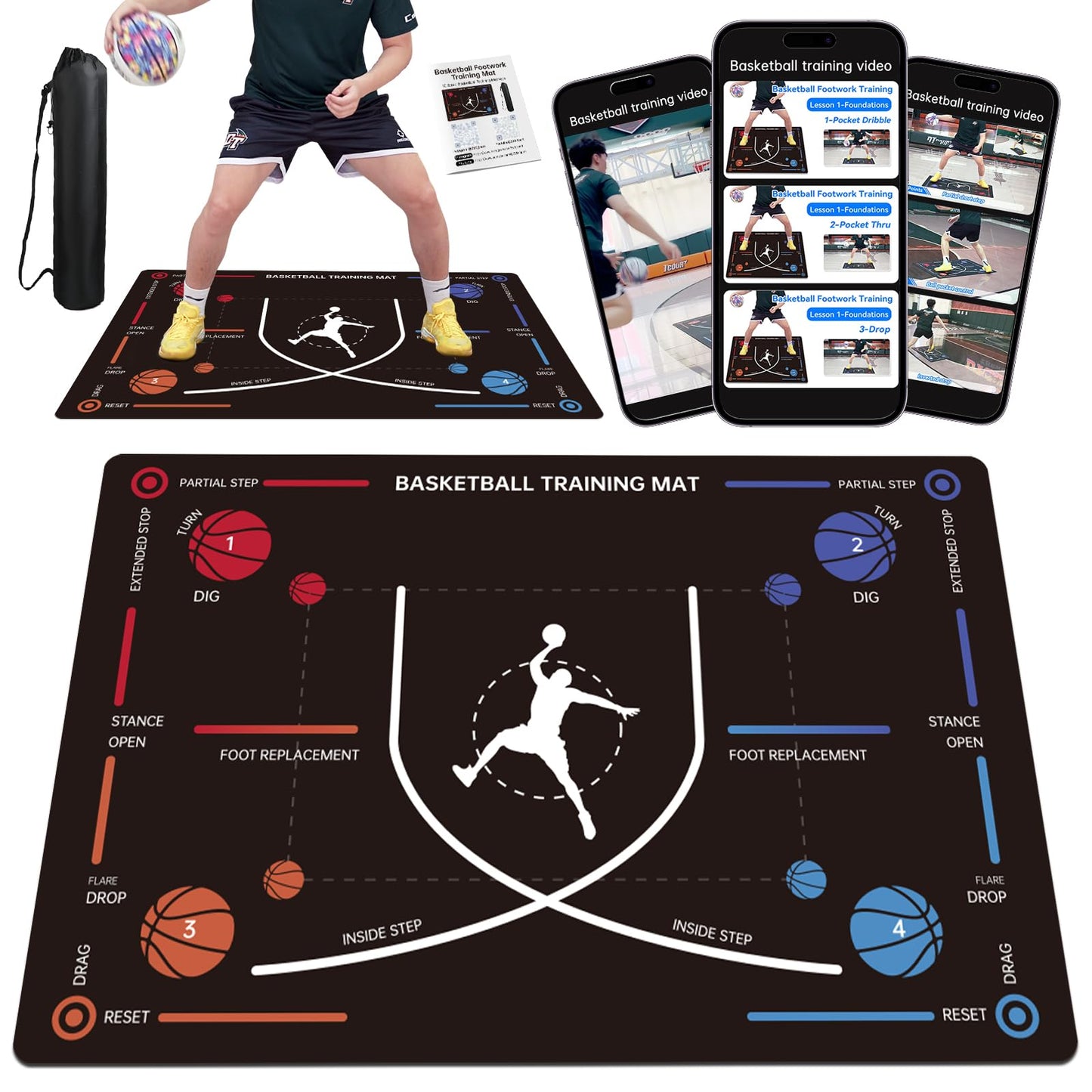 ZVD Portable Basketball Training Mat - Non-Slip Footwork Agility Mat for All basketball enthusiasts, Durable Basketball Footwork Training Equipment to Improve Speed, Strength, Coordination