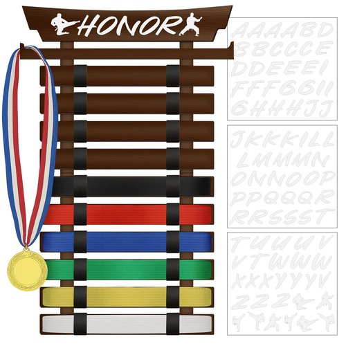 SD FACTORY 12 Belts Karate Belt Display Rack with Stickers Wall Mounted Taekwondo Belt Display No Assembly Required BJJ Kids and Adults Hanging Stands (12)