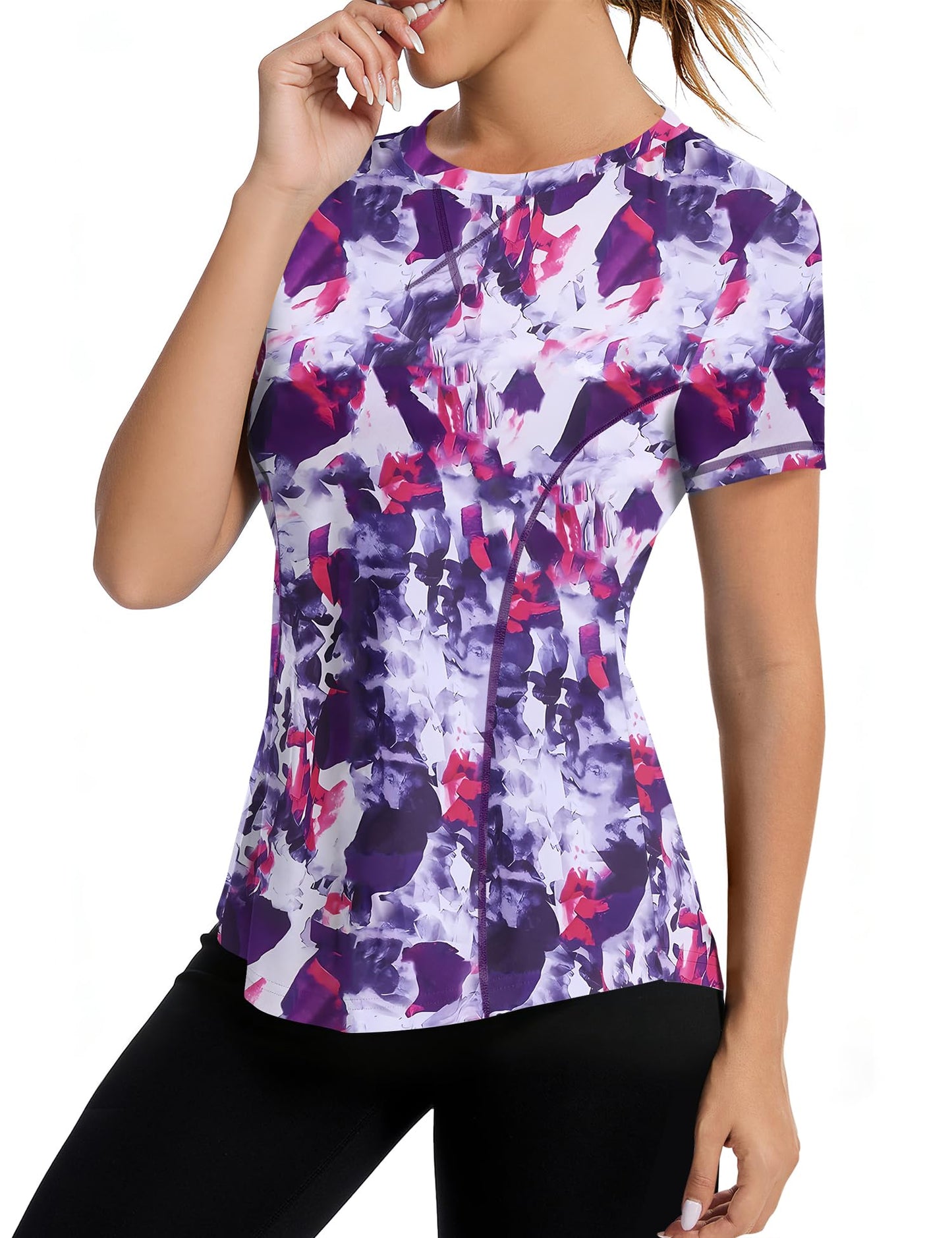 Avoogue Women's Activewear Short Sleeve Workout Tops Quick Dry UPF Sun Shirt Summer Running Hiking Yoga Shirts(Red Purple Colorblock,XL)