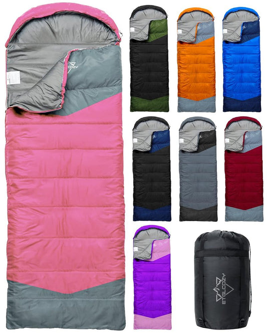 ETGLCOZY Lightweight 3-Season Sleeping Bag for Adults/Kids Camping, Compact w/Compression Sack, Waterproof Ripstop, Portable for Backpacking Hiking Travel, 50-80°F, Pink