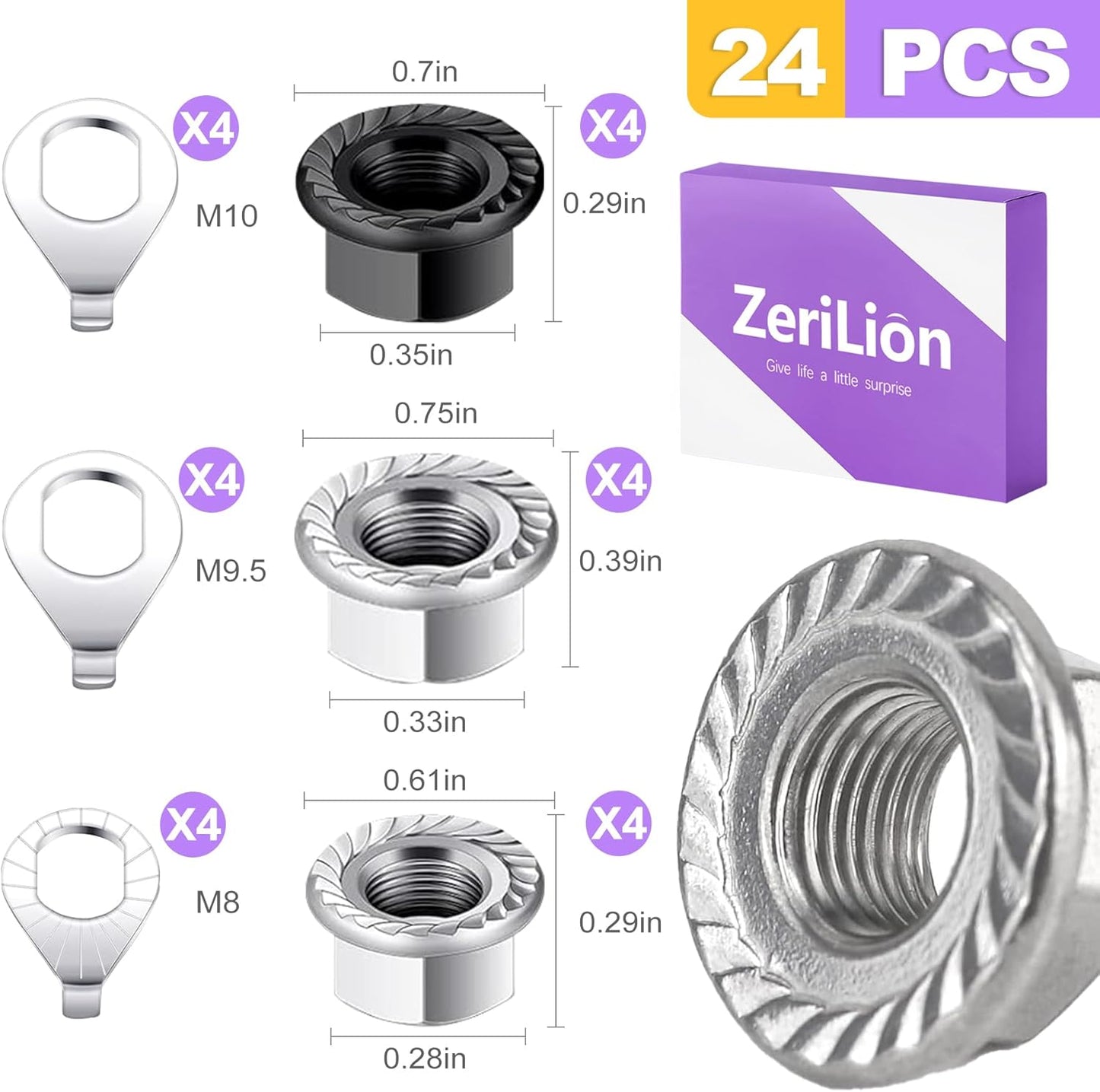 24 PCS Bike Axle Nut and Washer Kit - M8 M9.5 M10 Bicycle Replacement Parts - Mountain & Road Wheel Nuts Bolts Set - Universal Fit Bike Upgrades