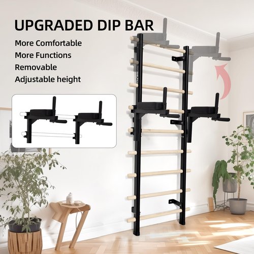 RIOWLAU Swedish Ladder Dip Bar Attachment, Fits TS003A Ladder, Wood Stall Bar for School, Physical Therapy and Gymnastics, Multi-grip (Black, 28"L x 6"W x 20"H)