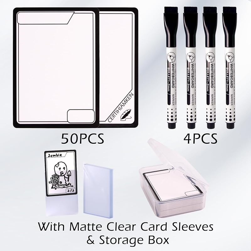 Black Variation: 50 Pcs MTG Tokens with 4 Marker Pens, Double-Sided Dry Erase + 50 Card Sleeves