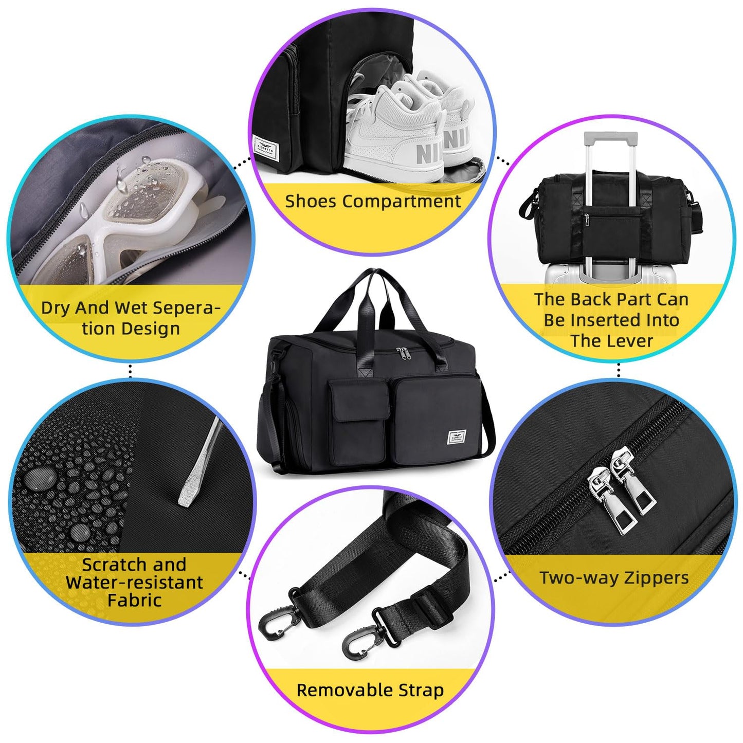 FIORETTO Women's Gym Duffle Bag with Shoes Compartment, 30L Capacity, Ideal for Travel, Gym, Sports, Duffel, Weekender, with Toiletry Bag, Black