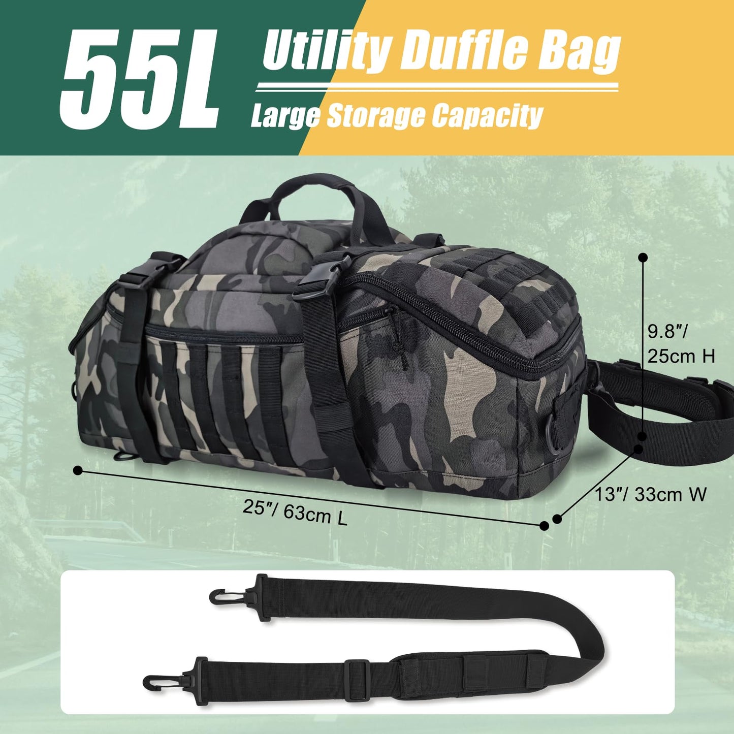 EASY BW 55L Large Travel Gym Duffle Bag Military Tactical Backpack, Army Pack 3 Day Bug Out Bag Rucksack for Outdoor Sport Hiking Camping with Molle System, Black Camo